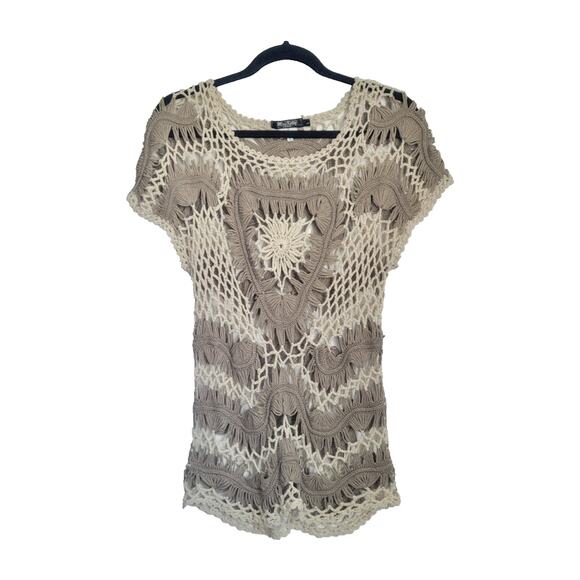 Y2k Crochet Open Knit Short Sleeve Top Size L Brown Forest Fairy Boho Festival - Picture 1 of 8